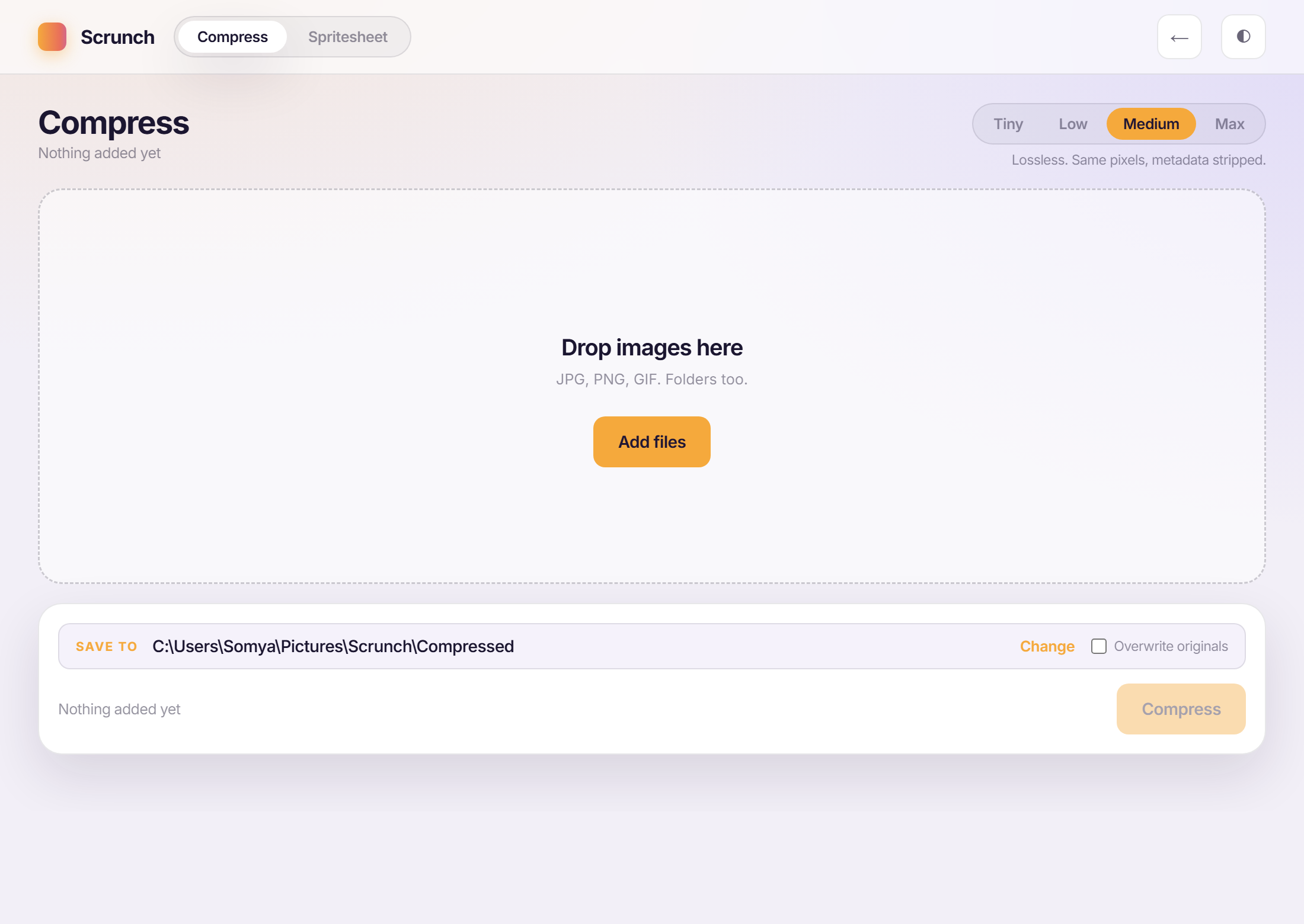 Scrunch's Compress screen before any files are added: a drop zone, a quality picker set to Medium, and an empty save-to row