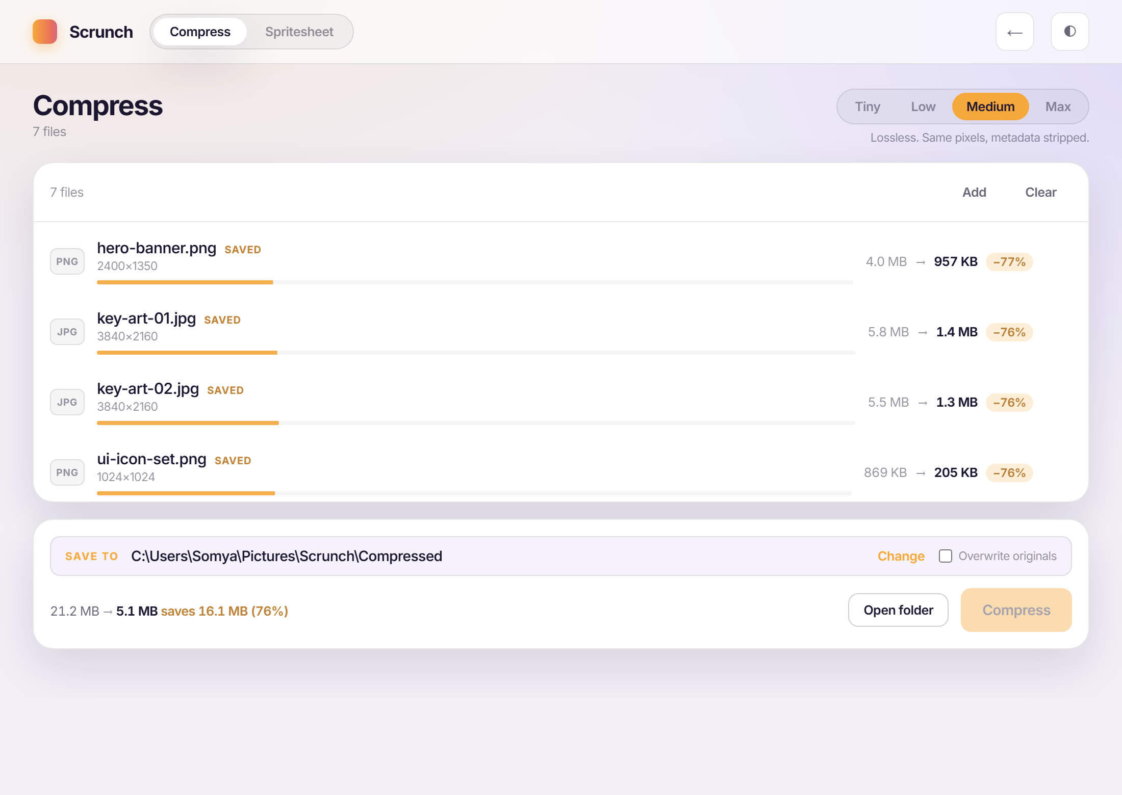 Scrunch's Compress screen with seven files queued, each showing its before and after size and percentage saved, totalling 76 percent smaller