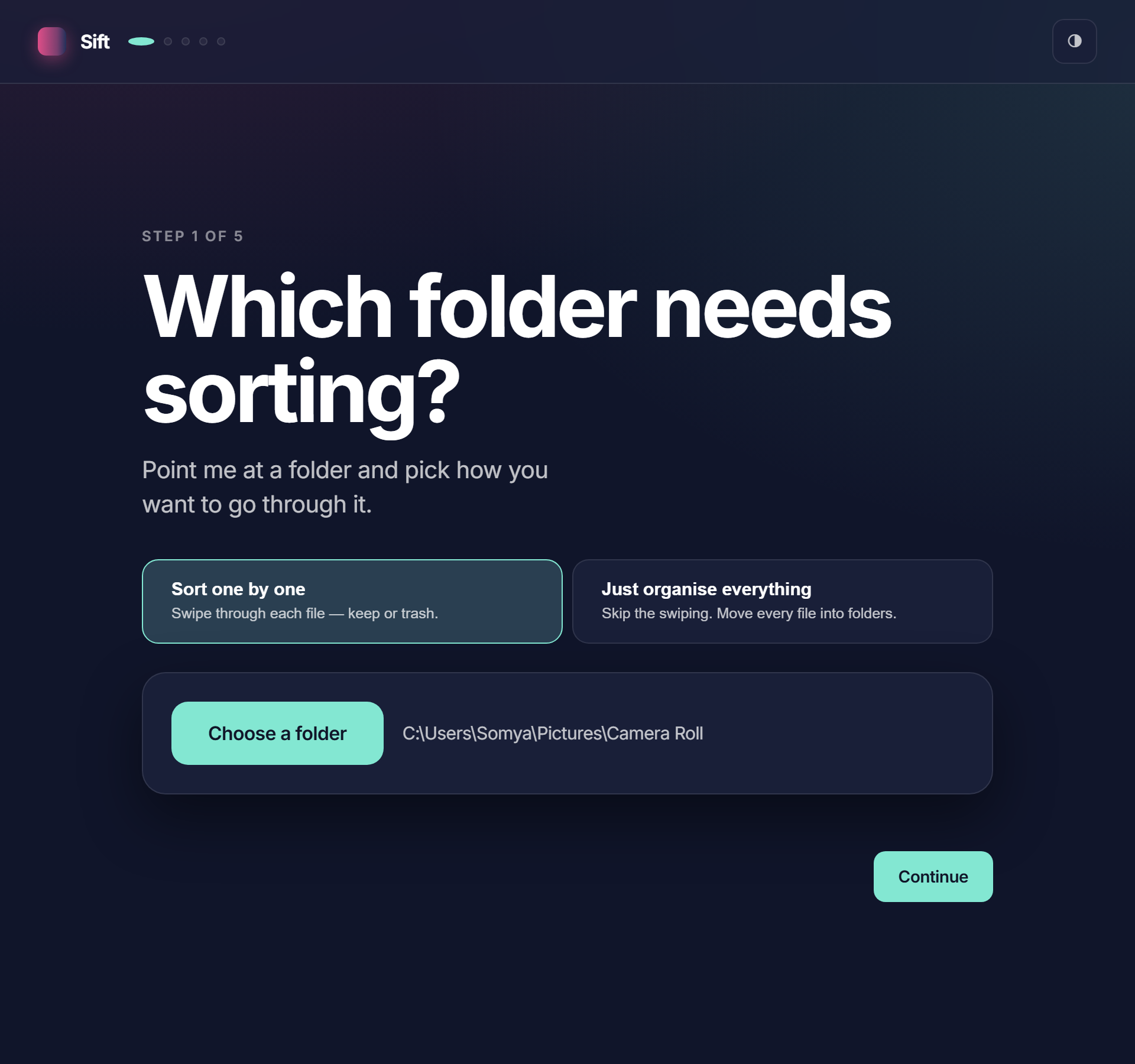 Sift's first screen, choosing a folder and whether to sort file by file or organise everything at once