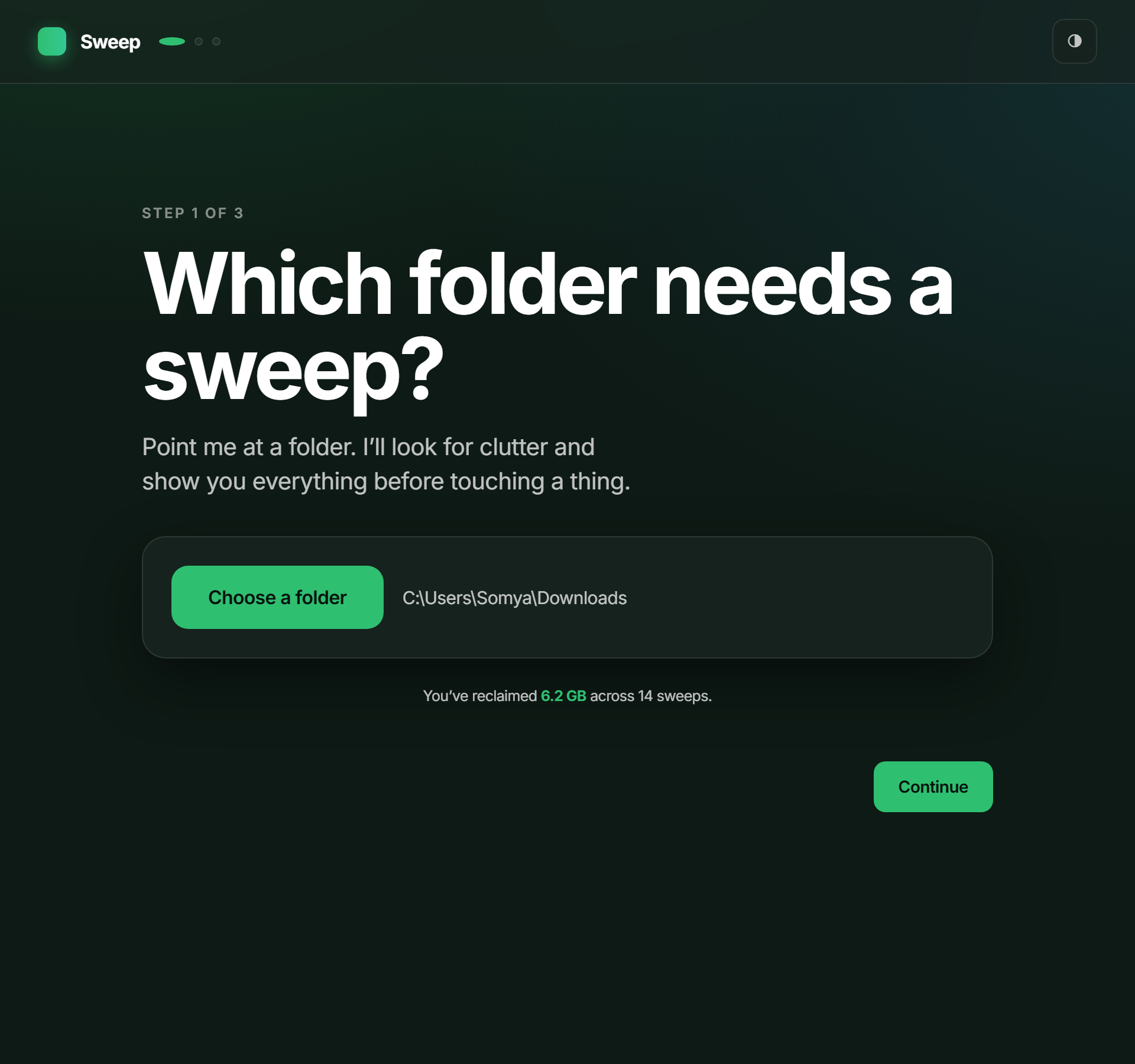 Sweep's first screen, choosing a folder to clean, with a lifetime total of space reclaimed across past sweeps