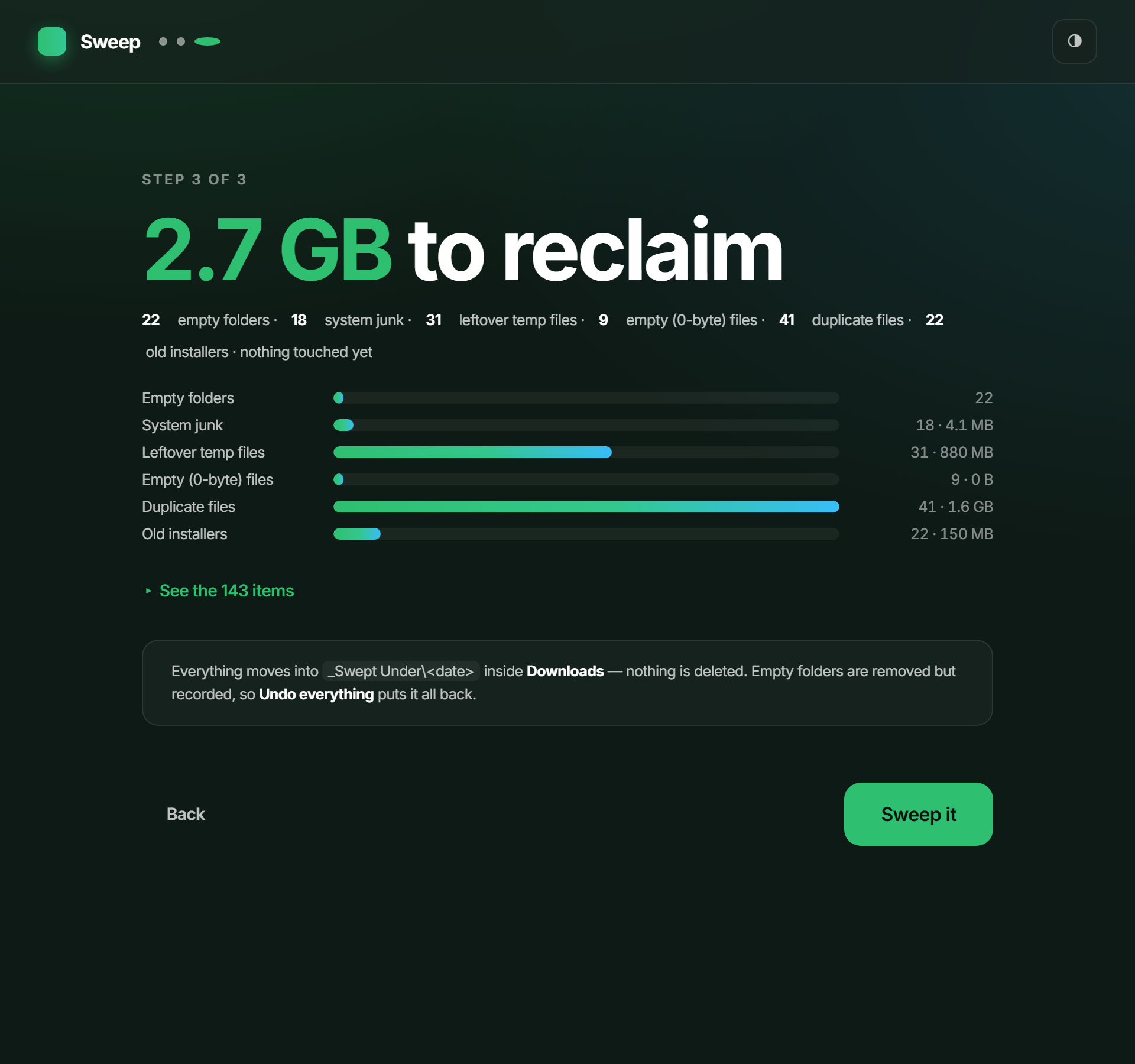 Sweep's preview screen: 2.7 GB to reclaim, broken into categories like duplicates, temp files and old installers, with a Sweep it button